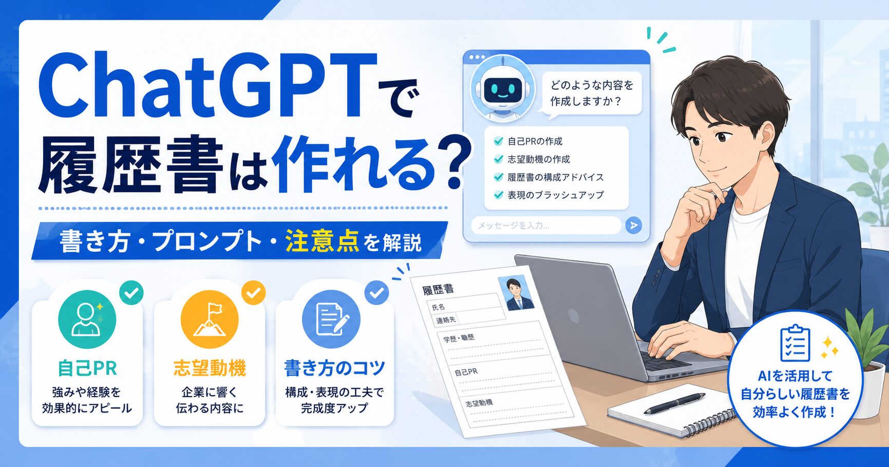 ChatGPTで履歴書を作る方法や自己PR・志望動機の書き方を解説する画像